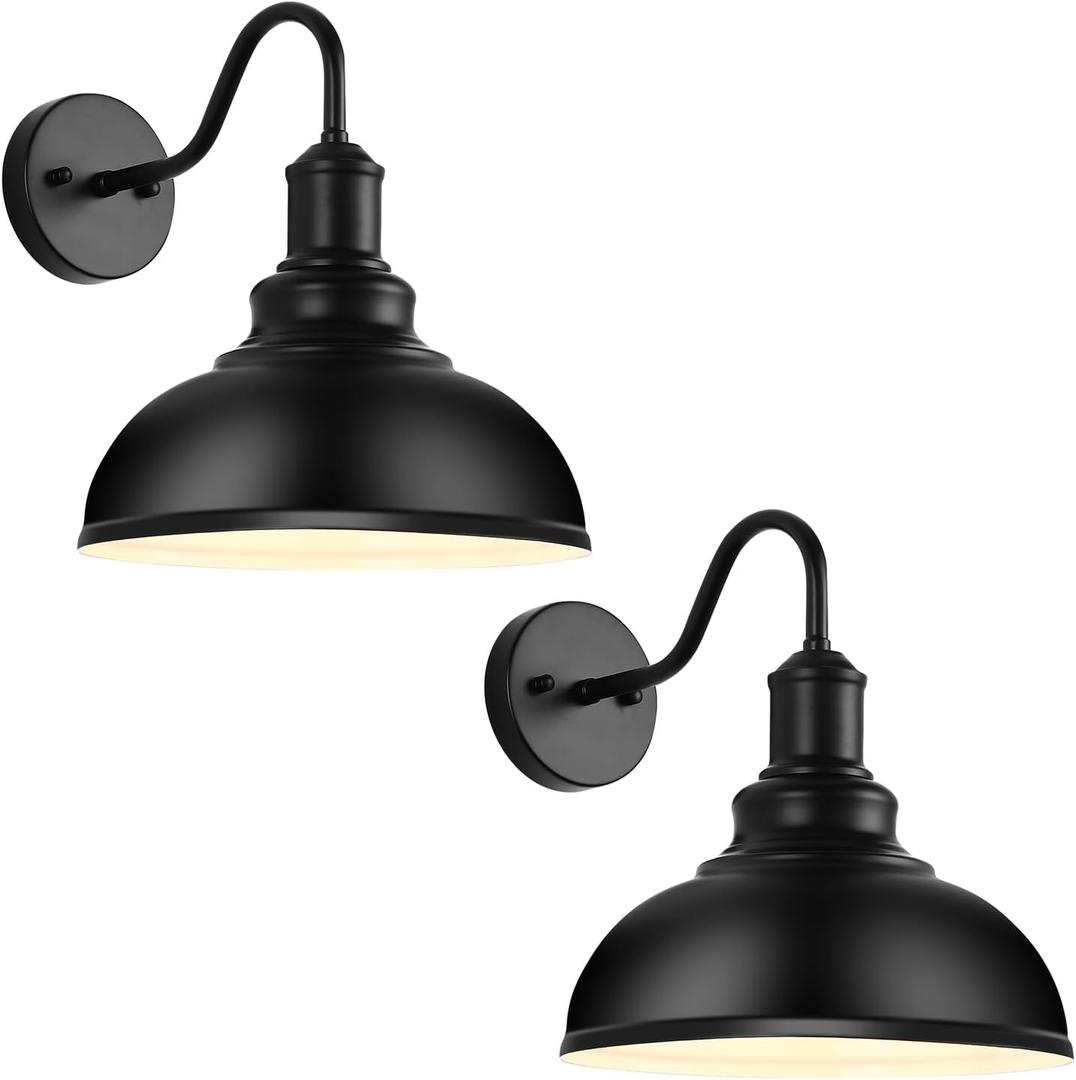 2PCS Outdoor Wall Sconces, Exterior Farmhouse Gooseneck Barn Light, Vintage Matte Black Outside Wall Mount Light Fixture, Industrial Black Lantern for Porch, Entryway, Garage