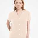 Womens 100% Merino Wool Short Sleeve Cardigan Sweaters V-Neck Button Down Sweater T-Shirt Casual Business Summer Tops (Beige, M)