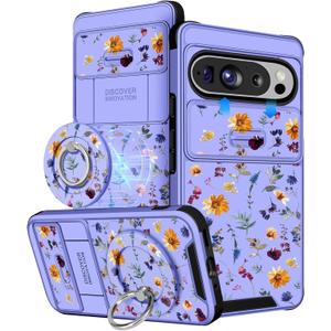 Buleens for Google Pixel 9 Pro XL Case 6.8" - with Ring Stand & Camera Cover Aesthetic Cute Designed Women Girls Pretty Girly Floral Flower Kawaii Phone Case for Pixel 9 Pro XL Compatible with Magsafe