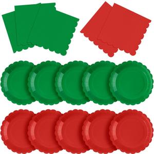 Tiangrid 120 Pcs Christmas Paper Plates and Napkins Party Supplies Bulk Disposable 7 Inch Scalloped Plates Cocktail Napkins for Xmas Holiday Wedding Birthday Decoration, Serve 60 Guests(Red and Green)