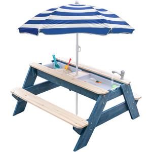 Kids 3-in-1 Sand & Water Activity Table, Wood Outdoor Convertible Picnic Table, 2 Play Boxes, Removable Top with Faucet, Picnic for Outdoor (Blue/Navy), 28" x 19.7" x 23.2"