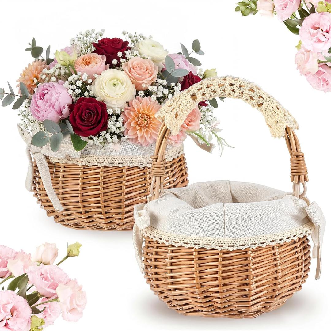 Weysat 2 Pcs Small Flower Girl Basket with Handle, Fabric Liner, Wicker Rattan Flower Basket Set, Rustic, Cute, Hand Woven for Wedding Girl Home Decorations Picnic Garden Candy Sweets Gifts Storage