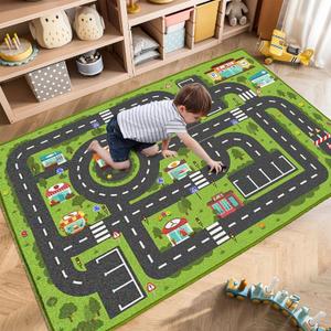 Road Rug for Kids, 2'7" x 3'11", Toy Car Play Rug Mat Carpet with Construction Town Style in Playroom Children Bedroom, Educational City Rugs for Boys Aged 3-12 Years Old (Green)