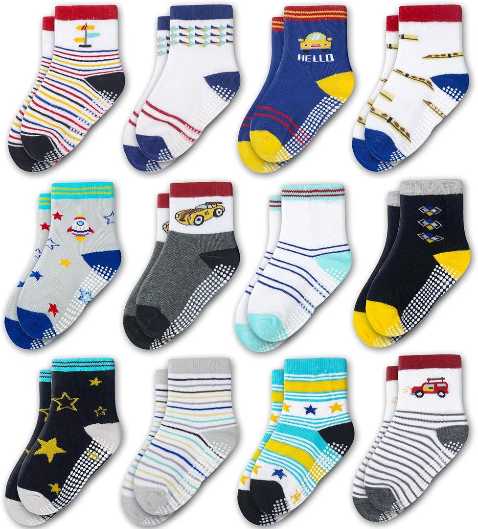 Evercute Toddler Girls Grip Socks 12 Pack Boys Non Slip Socks for Kids Anti Skid (Boys Vehicles Style 12 Pairs)