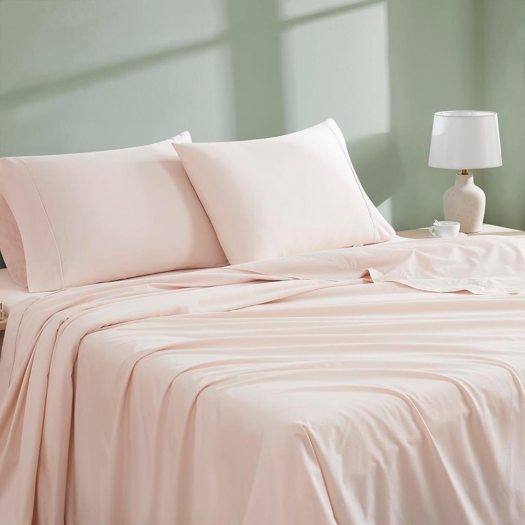 Linen Closet 4 Pcs 100% Organic Cotton Queen Sheet Set, Pale Pink, 300 Thread Count, Percale Weave, Up To 18" Deep Pocket Fitted Sheet, Cooling & Breathable Bed Sheets Set, Juego De Sbanas Queen