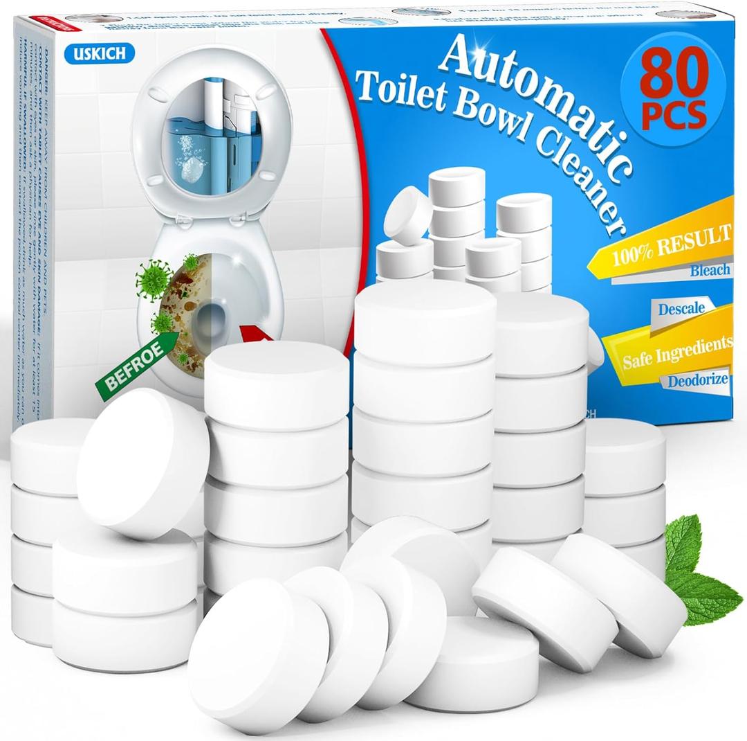 USKICH Toilet Bowl Cleaner - 80 PACK, Household Automatic Toilet Bowl Cleaners with Bleach, Bathroom Toilet Tank Cleaners Tablets with Sustained-Release Technology for Against Tough Stains (White) USKICH Toilet Bowl Cleaner - 80 PACK, Household Automatic Toilet Bowl Cleaners with Bleach, Bathroom Toilet Tank Cleaners Tablets with Sustained-Release Technology for Against Tough Stains (White)