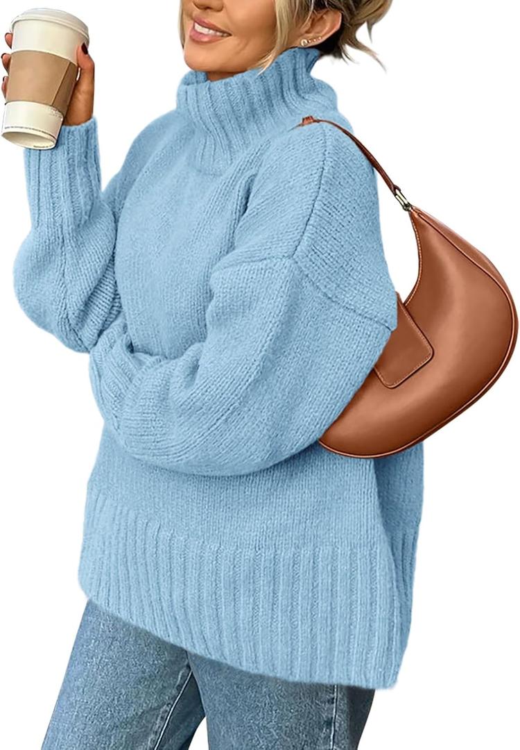 PRETTYGARDEN Women's 2025 Fall Oversized Sweaters Turtleneck Casual Long Sleeve Chunky Knit Pullover Tops Winter Clothes (Light Blue, Medium)