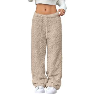 Women's Fuzzy Plush Pajama Pants Fleece Lined Drawstring Elastic Waist Wide Leg Teddy Pj Bottoms Lounge Sweatants (Medium, Beige)