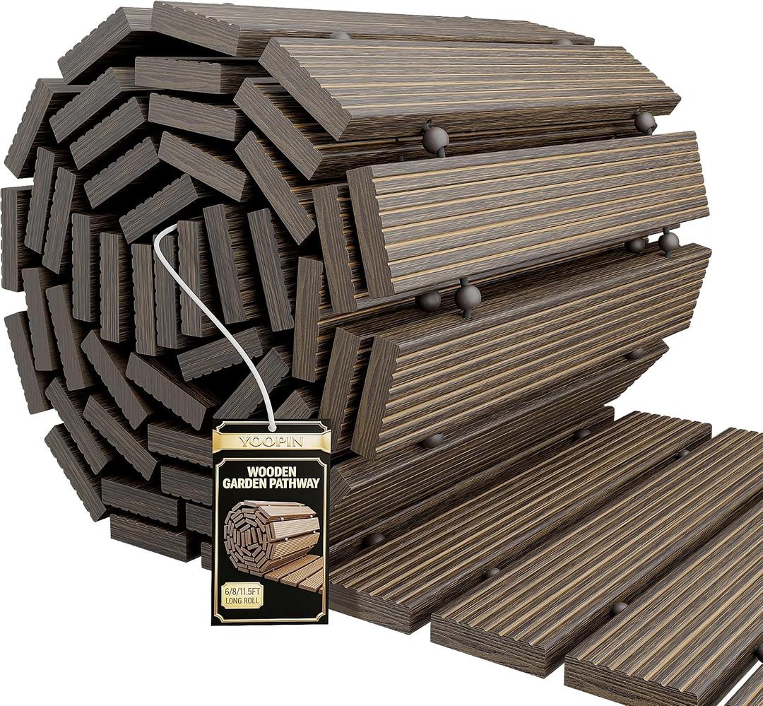 Wooden Garden Pathway Roll Out Walkway, Flexible Outdoor Wood Boardwalk for Lawn Sand Backyard, Non Slip Surface, Portable Garden Path with Rubber Connectors, 11.5FT, Brown