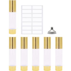 6Pcs 1.7oz/50ml Clear Airless Pump Bottles with Funnel and labels Sticker Travel Size Dispenser Refillable Cosmetic Containers For Foundations, Cream, Serums, Shampoo(Gold)