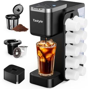 Tastyle Hot & Iced Coffee Maker with Magnetic K-Pod Organizer (Pods Not Included), Stores 10 Pods, 4-5 Cups Coffee Maker & Single-serve Brewer for K Cup & Grounds, 40oz Removable Water Tank, Black