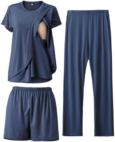 Rnxrbb 3 Piece Postpartum Nursing Pajamas Set Casual Soft Maternity Breastfeeding Pjs Sleepwear Loungewear Clothes Layer, L