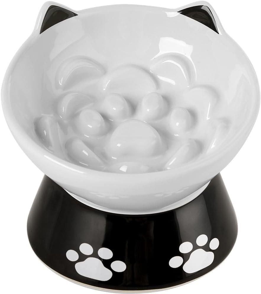 Ceramic Slow Feeder Cat Bowl,Non-Slip Silicone Ring Bottom for Better Feeding,Elevated Dog Slow and Elevated Cat Food Bowl Anti Vomiting for Dry and Wet Food (White)