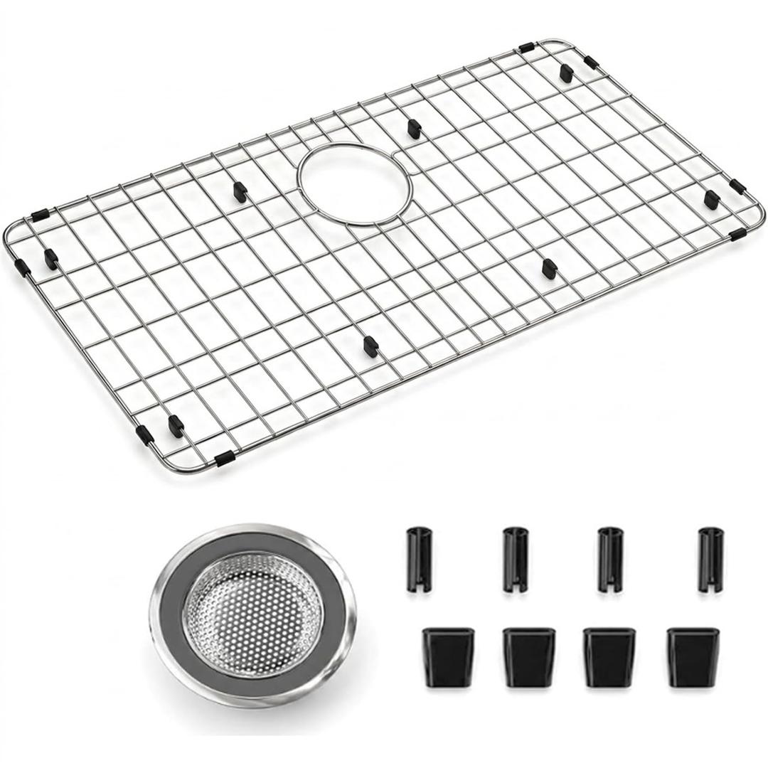 ARCCI Sink Bottom Grid 28"x 15", Stainless Steel Sink Protector with Centered Drain & Round Corner Radius, One-Piece Sink Grate with Hole Cover for Kitchen Single Sink Bowl