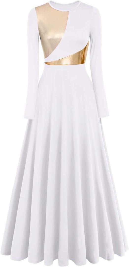 Women Metallic Bi Color Liturgical Praise Dance Dress Long Sleeve Lyrical Dancewear Church Maxi Robe Worship Costume XL