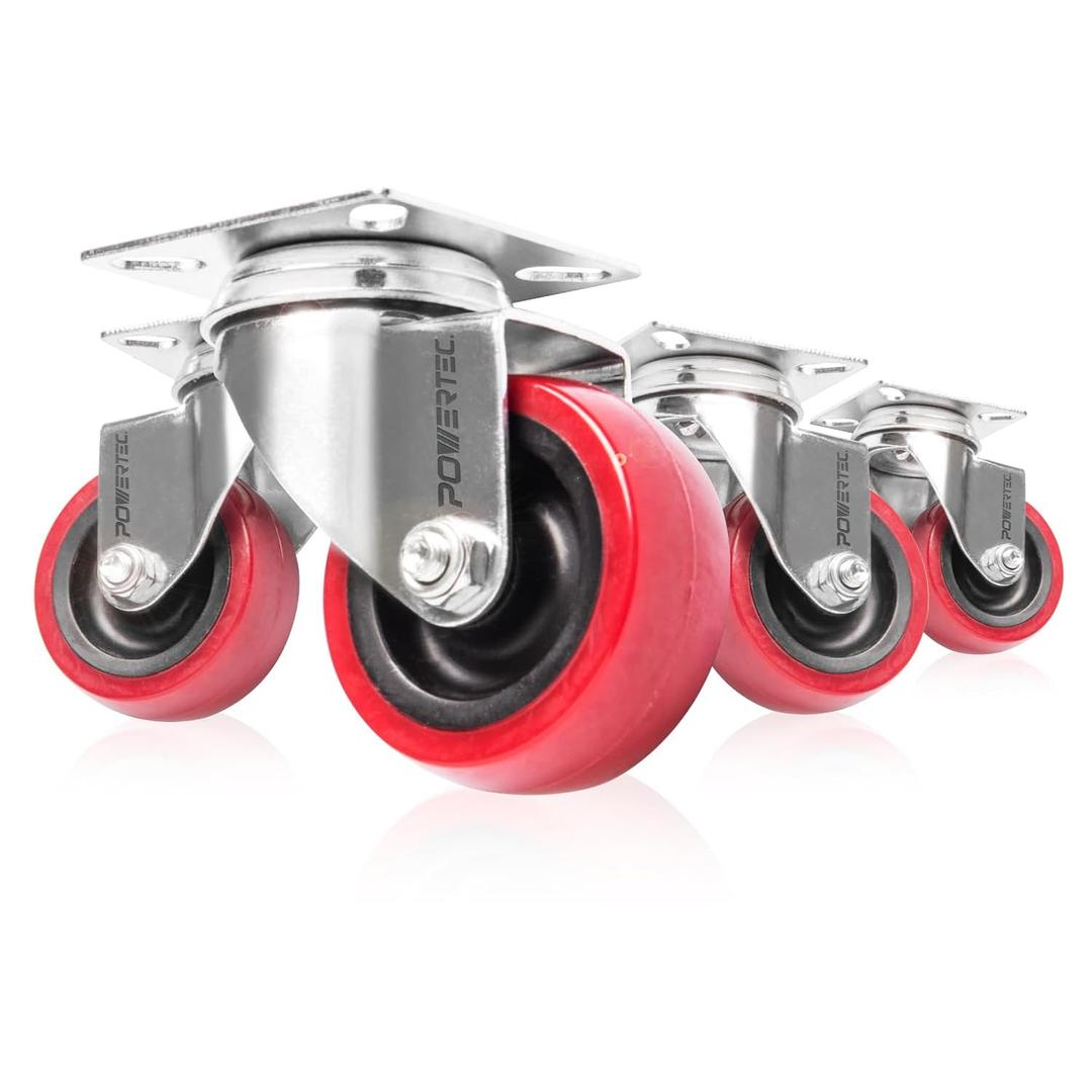 POWERTEC 2 Inch Swivel Caster Wheels Set of 4 with 400 lbs Loads, Heavy Duty Plate Casters (2 with Brakes & 2 without), PU Castor Wheels for Furniture, Cart, Dolly and Workbenches (17212)