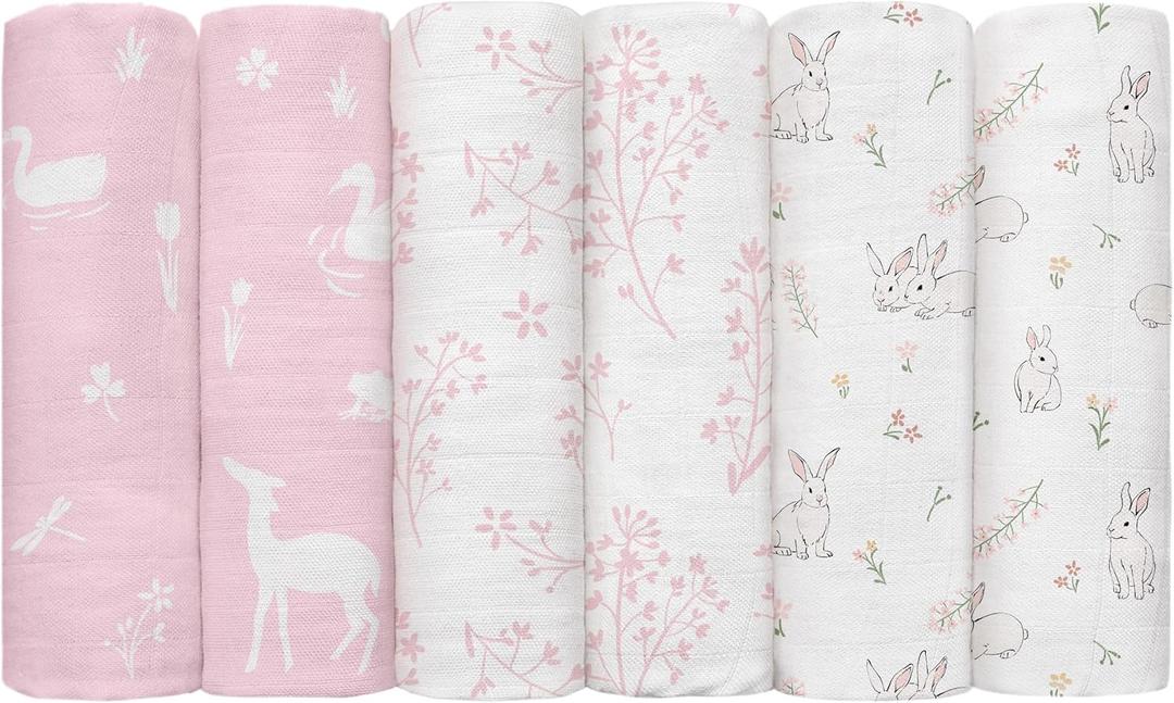 GLLQUEN BABY Receiving Blanket Boy Cotton Muslin Swaddle Blankets Girl Newborn Squares Breathable & Soft Thin Baby Blankets Cloths Double Absorbent Infant Swaddling Wrap - 6 Pack (Looking for Spring)