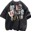 Men's Graphic Tees Funny Letter Print Vintage Oversize T Shirts Acid Wash Shirt Streetwear Rapper Casual Tee Top XL