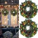 2 Pcs 20 Inch Pre Lit Christmas Wreaths Artificial Christmas Outdoor Wreath Lighted Xmas Front Door Decoration with LED Lights, Pine Cones, Berry Clusters for Holiday Window Decor