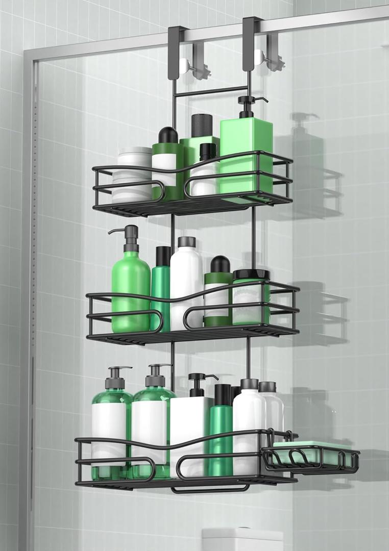 Over the Door Shower Caddy Hanging, 3 Tier Adjustable Shower Organizer with Soap Holder, Rustproof Bathroom Shelves Hanging on the Bathroom Glass Door, Matte Black (Style 4)
