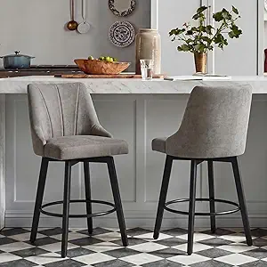 24" Counter Height Bar Stools Set of 2, Swivel Bar Stools with Backs, Fabric Upholstered Counter Barstools with Solid Wood Legs for Kitchen Island,Grey