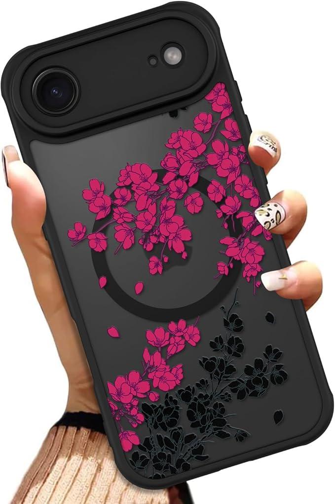OOK Case for iPhone Air 6.5 Inch (Compatible with MagSafe) Floral Flowers Design Translucent Phone Cover Soft TPU + Hard PC Anti-Scratch Shockproof Magnetic Cute Case for Women - Hot Pink