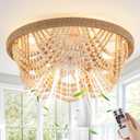 20" Boho Ceiling Fan with Light, Wood Beaded Flush Mount Ceiling Fans with 6 Speeds 3 Timing, Bohemian Caged Ceiling Fan for Living Room Kitchen Bedroom Nursery