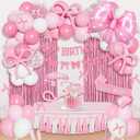 Ouddy Life Pink Bow Birthday Decorations, Coquette Themed Party Supplies with Light Pearl Pink White Confetti Long Balloons Happy Birthday Banner Paper Tassel Cake Toppers for Women Girls Baby Shower