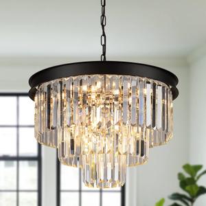 A AXILIXI Black Crystal Chandeliers Modern Round Chandeliers 20" Dimmable 9 Lights Ceiling Pendant Light Fixtures 3 Tiers Luxury Raindrop for Living Room Dining Room Bedroom Foyer