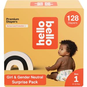 Hello Bello Premium Diapers, Size 1 (8-12 lbs) Surprise Pack for Girls - 128 Count, Hypoallergenic with Soft, Cloth-Like Feel - Assorted Girl & Gender Neutral Patterns