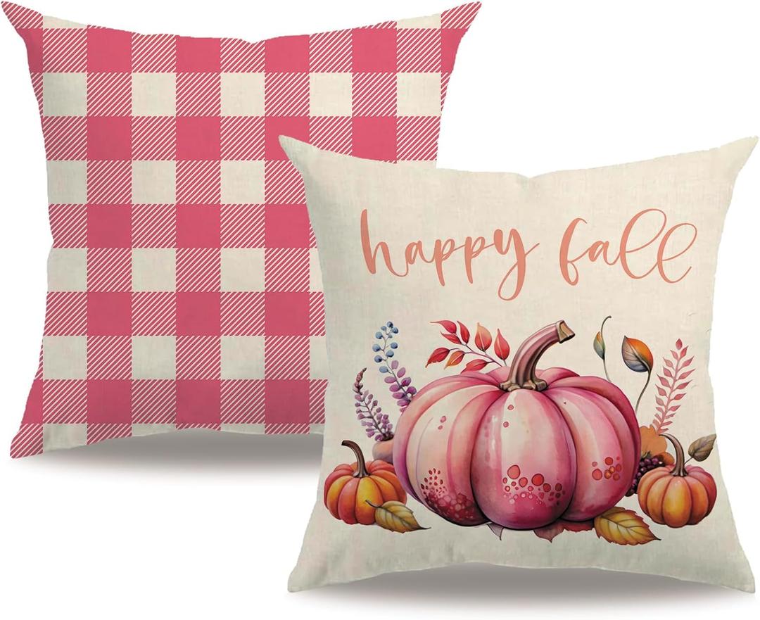 Fall Decorative Throw Pillow Covers,Autumn Pumpkin and Buffalo Check Plaid Design 18x18 Inch Cushion Cases 2Pack Happy Fall Harvest Farmhouse Home Pillowcases for Autumn Thanksgiving (Pink, 18" x 18")