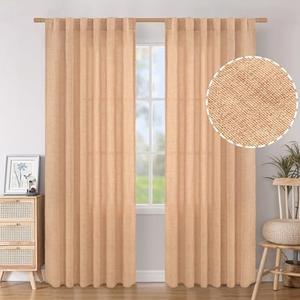 BGment Peach Linen Curtains for Living Room 84 Inches Long 2 Panels - Light Filtering Coral Semi Sheer Drapes with Rod Pocket Back Tab for Bedroom Dining Room, 52 Inch Wide Each Panel