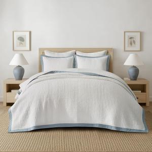EVERGRACE Cotton Border Frame Tack-Stitch Quilt Bedding Set Queen Size, Coastal Oversized 3 Pieces Lightweight Bedspread Coverlet for All Season, with 2 Matching Shams, Blue Linen (Full/Queen (92" X 96"))