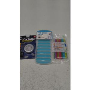 Set Of 3: Jacent Plastic Reusable Kids Straws Plus Cleaning Brush, 6 Inch: 24 Straws, Super Bright Puck Light - High Power LED - NWT, mm Ice Stick Tray