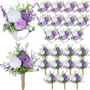 24 Pcs Wedding Corsage and Boutonniere Set Artificial Rose Wedding Corsage Wristband with Pins for Prom Men Bride Party Accessories Groom Groomsmen Bridesmaids Women (Classic,Purple)