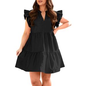 Fisoew Plus Size Dresses for Women Summer Ruffle Short Sleeve V Neck Dress Tiered Swing A Line Babydoll Mini Dress, Black, XL
