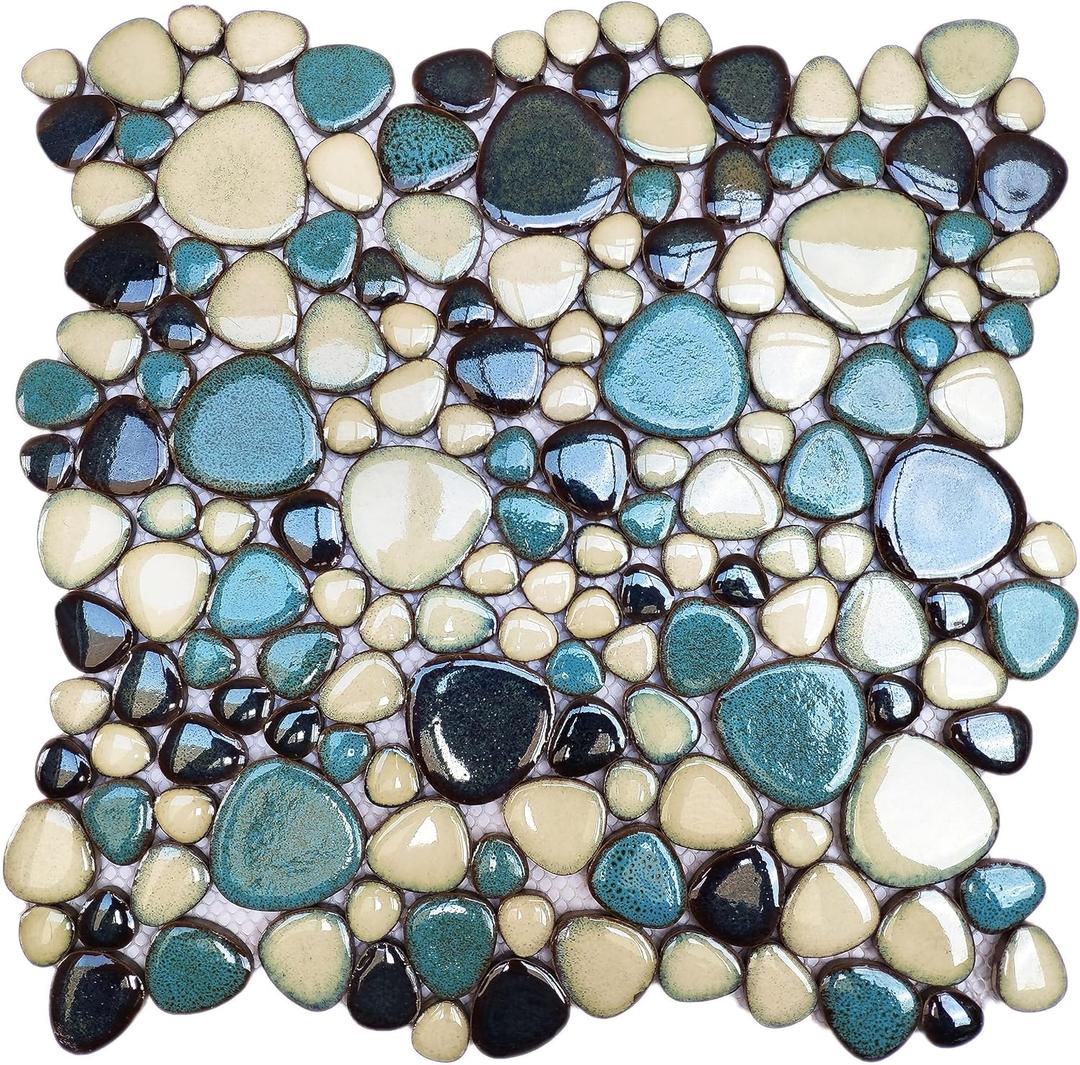 Interlocking Pebble Tiles 5 Sheets, Aqua Teal Blue Mosaic Tiles Mesh Mounted, 12x12 Waterproof Ceramic Tile Flooring for Kitchen Bath Backsplash Shower Floor Pool
