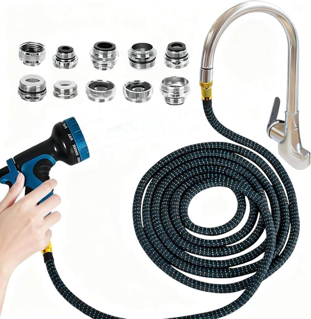 Indoor Sink Hose Attachment for Faucet - (75FT) Faucet Hose with 10 Adapters for Kitchen Sink Bathroom Sink Faucet, Watering Houseplants, Washing Pets, Household Cleaning, Car Washing