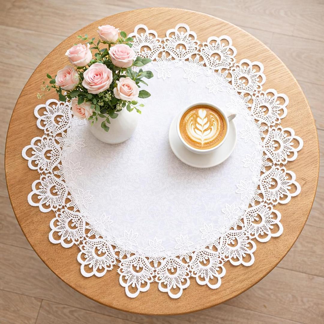 White Round Lace Doily Table Runner, 20.5" Elegant Jacquard Crochet Lace Doily Tablecloth Floral Cover for Dressers Topper Scarf Home End Tables, Round Table Runner Centerpiece