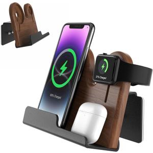 3 in 1 Wall Mount Compatible with magsafe Charger StandWood Phone Holder for iPhone 15/15 Pro/14/13/12 Series, Compatible with Apple Watch, AirPods, Magsafe Accessories[MagSafe Charger Not Included]