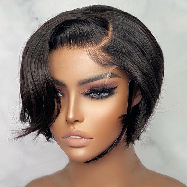 ONICA Pixie Cut Wigs for Black Women Human Hair, 6 Inch Straight Bob Wig 13x4 Side Part Transparent HD Short Lace Front Wig With Pre Plucked Natural Hairline (Straight, 1B#)