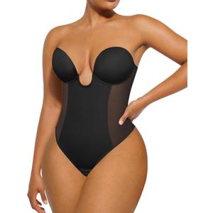 SHAPELLX Strapless Shapewear Bodysuit for Women U Plunge Corset Backless Body Shaper Tummy Control Thong Top Daily Wear (A1-black), XL