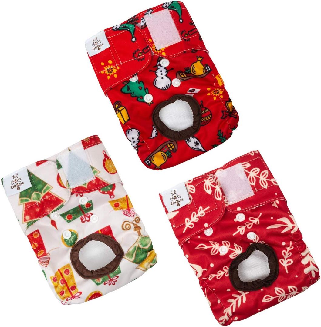 CuteBone Christmas Dog Diapers Female Washable Small Medium Large 3 Pack Reusable Doggie Diapers Puppy Period Pants for Doggy Heat Cycle Peeing D34S