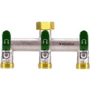 3 Way Garden Hose Splitter, Heavy Duty Brass Nickel Plated Rust Resistant Faucet Manifold, 3/4" Frost Resistant Outdoor Hose Adapter ConnectorHose Spigot Adapter with 3 Large Green Handles