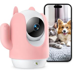 Pet Camera, 2K Indoor Security Camera, 360 Dog Cameras with Phone App, Video Monitor One-Touch Call, AI Motion Detection & Tracking, IR Night Vision, Cloud/SD Card Storage, 2.4GHz Wi-Fi, Pink