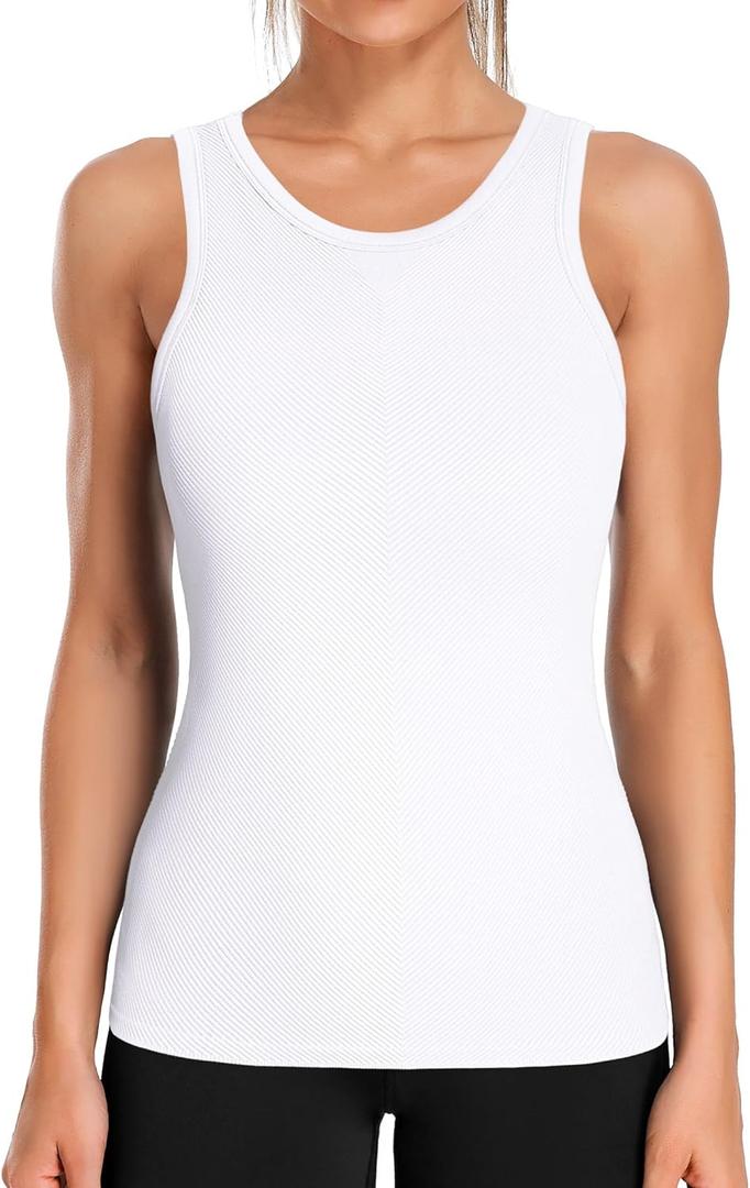 ATTRACO Workout Tank Tops for Women Seamless Full Length Gym Tops Athletic Yoga Top Built in Bra (Large, White)