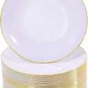 Nervure 100Pieces White with Gold Rim Plastic Plates - 7.5inch Disposable Gold Salad/Dessert Plate - White and Gold Plastic Plates Ideal for Wedding & Party