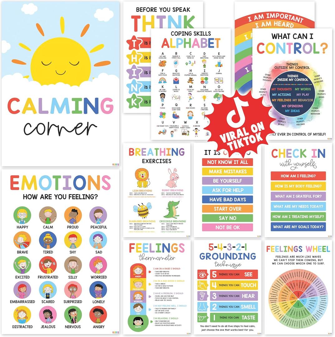 12 Calming Corner Classroom Posters (10x14) - Feelings Wheel Chart & Emotions Poster For Kids, Calm Down Corner Supplies For Therapy Office Decor, Mental Health Wall Decorations For Preschool (11x17 inches)