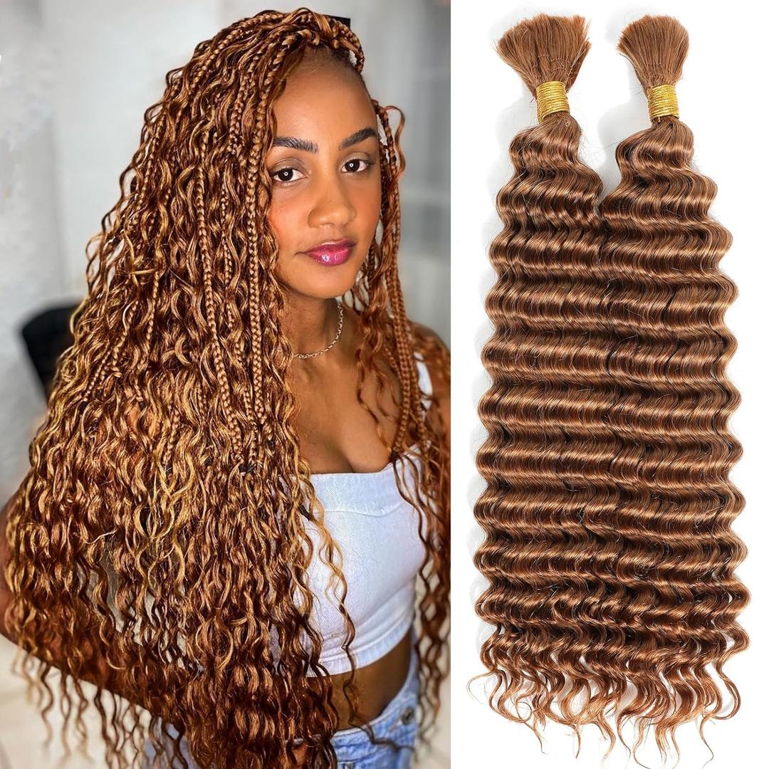 Deep Wave Braiding Human Hair 50g Per Bundle Total 2 Bundles 100g 16 Inch Color 30 Auburn Brown Human Braiding Hair No Weft Brazilian Virgin Boho Hair for Braids