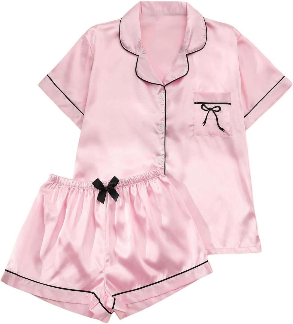 MakeMeChic Women's 2 Piece Pajama Set Graphic Short Sleeve Button Down Shirt and Shorts Set Sleepwear (Pink, L)